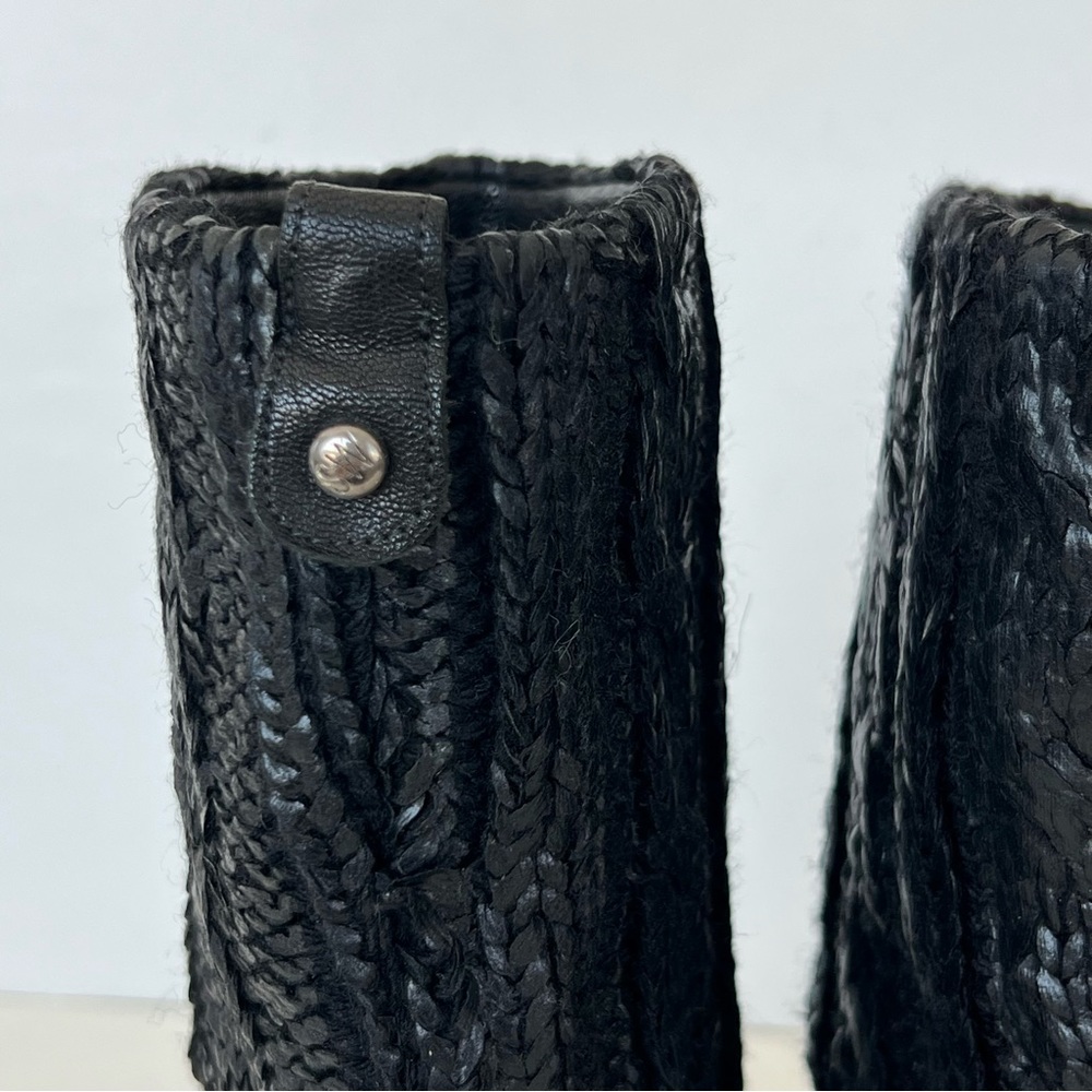 ♦️SOLD♦️STUART WEITZMAN Charcoal Black Leather Coated Knit Moto Mid Calf Boots - Picture 8 of 15